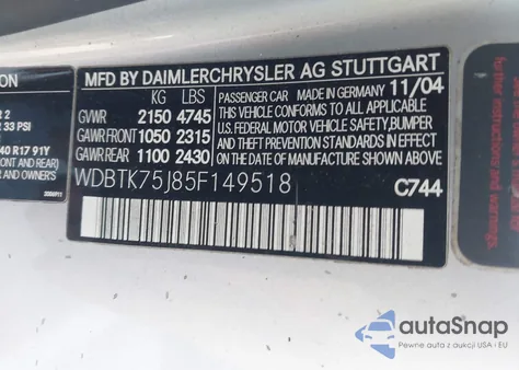 2005 Mercedes-Benz Clk 500 from USA, damaged, VIN WDBTK75J85F149518